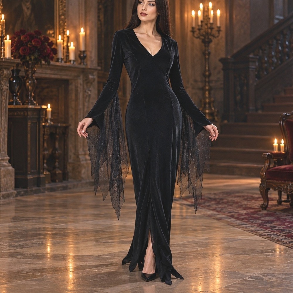 The Addams Family Morticia Black Velvet Maxi Dress Costume XS Gothic Halloween